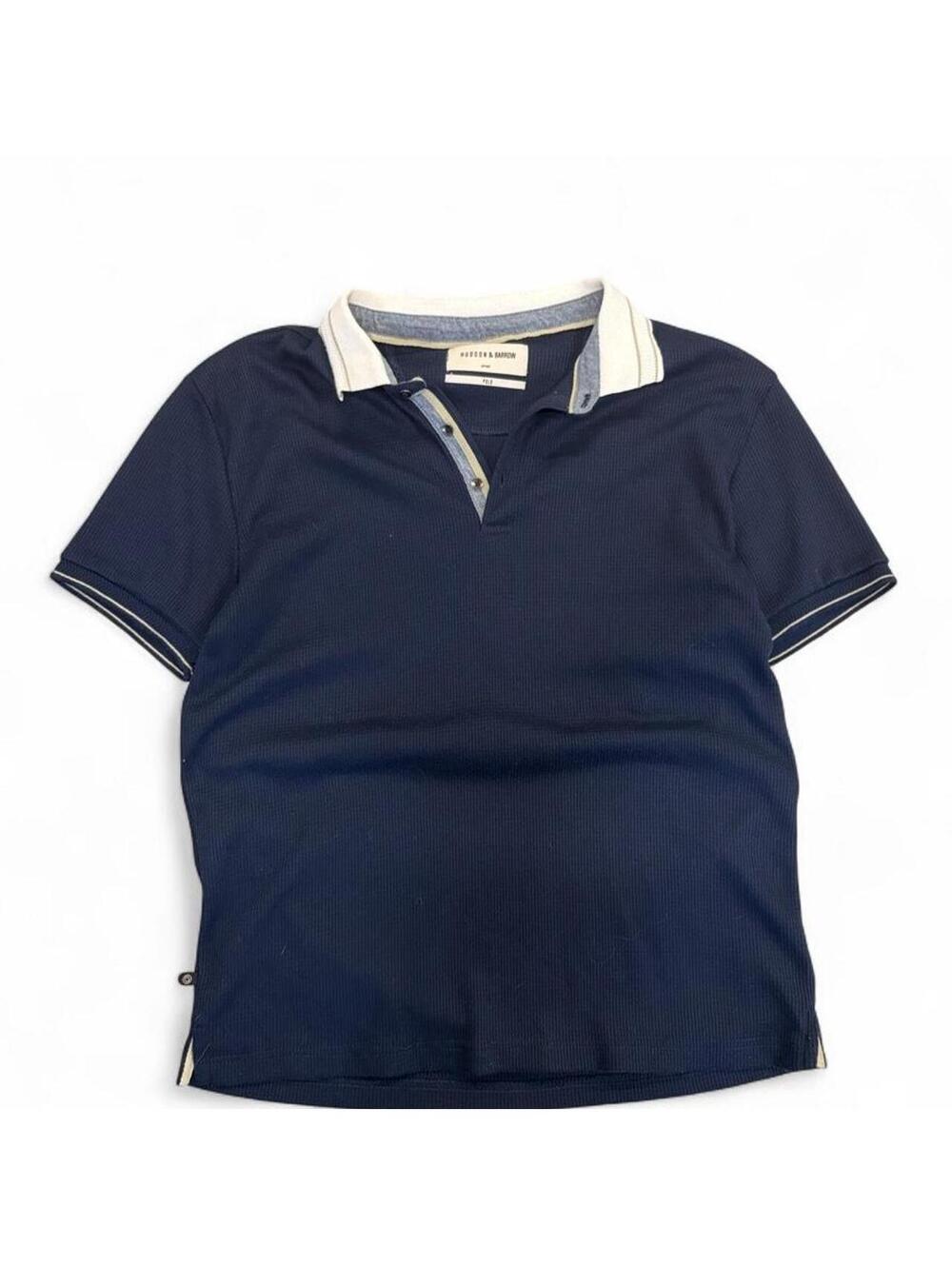 Hudson & Barrow navy blue polo shirt with white collar and sleeve trim, size S